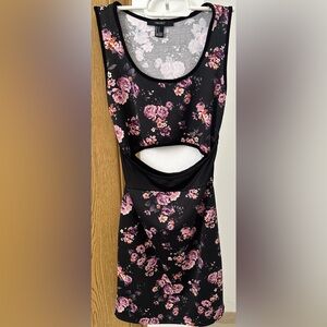 Forever 21 Floral Cutout Waist Floral Mini Dress Black with Pale Pink Roses